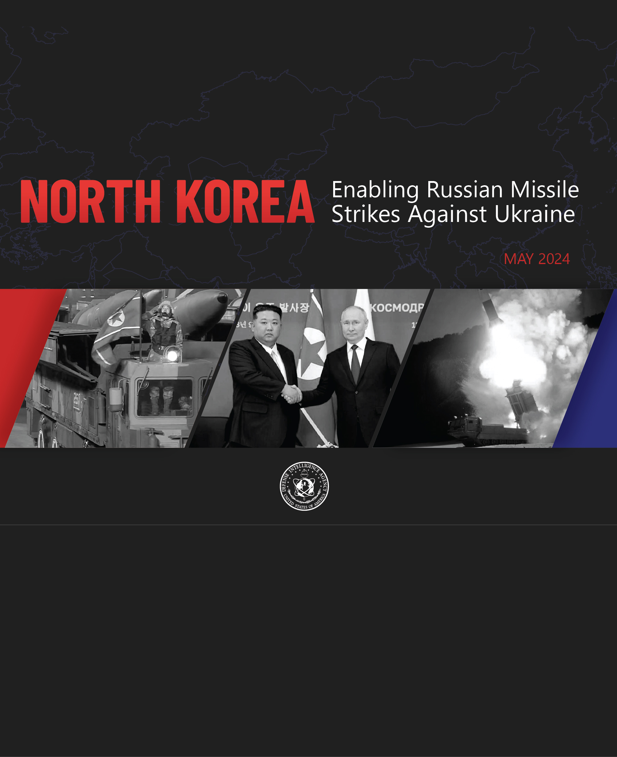 Image with a dark background with red outlines of countries. Pictures in the middle of a missile launcher, Putin and Kim Jong Un, and a misisle being launched. Above the three pictures are the words. IRAN. Enabling Houthi Attacks Across the Middle East. February, 2024.