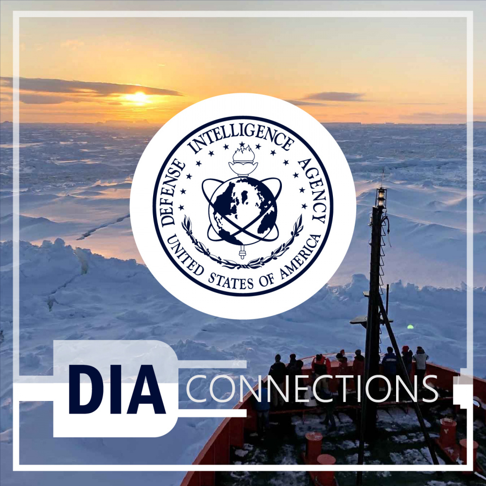 Image of a snowy landscape and a boat with members standing on the front. With D-I-A Seal and title. D-I-A Connections.